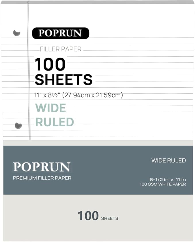 POPRUN Loose Leaf Paper, 8.5" x11" Wide Ruled, 100GSM / AA Grade Bulk Lined Filler Sheets, 3 Hole Punched for Binder Notebook, Office School Supplies, 1 Pack (100 Sheets)-DeskLoop Office