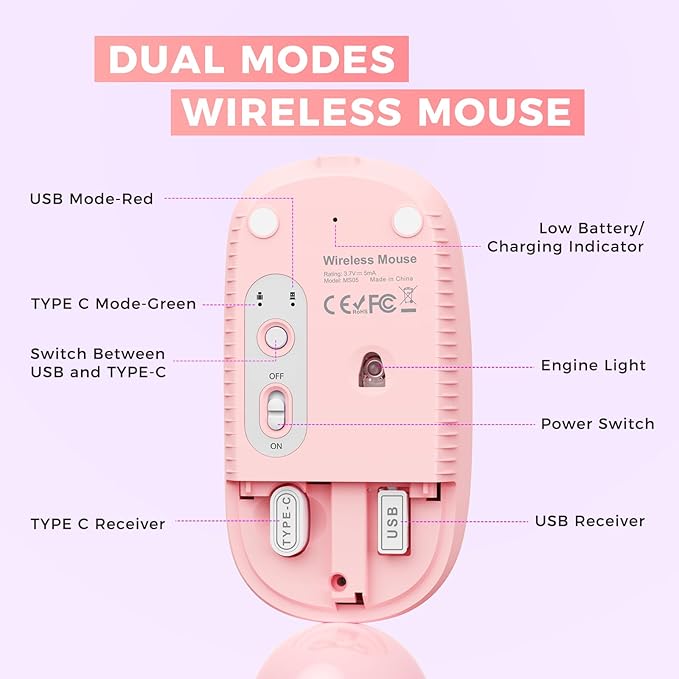 VssoPlor Type C Wireless Mouse, USB C MacBook Wireless Mouse Dual Mode 2.4G Cordless Mice with Nano USB and Type C Receiver Compatible with PC, Laptop, MacBook, ipad-Gradient Pink-DeskLoop Office