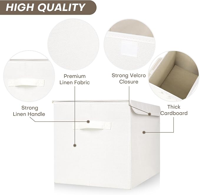 Large 22 Quart Linen Fabric Foldable Storage Bin Cube Organizer Basket with Flip-Top Lid & Handles, Clothes Blanket Box for Home, Office, Closet, White, 4 Pack 14.6 x 9.5 x 9.5”-DeskLoop Office