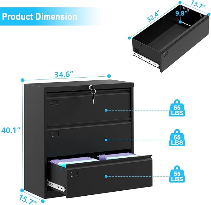 40inch Steel 3 Drawer Lateral Filing Cabinet - Lockable Metal Filing Storage, Home Office Organization, Fits Hanging Letter/Legal/F4/A4, Durable 0.6MM Coated Steel (Black)-DeskLoop Office