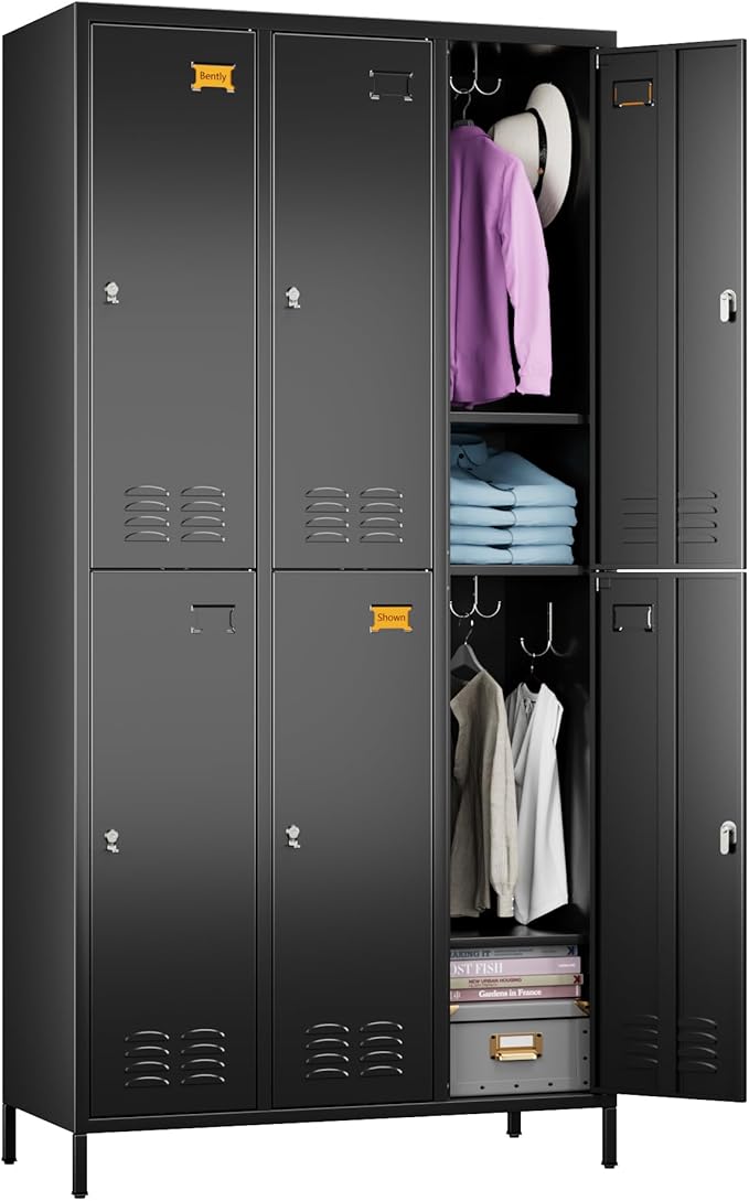 6 Doors Metal Locker for Employees with 18 Hooks and Business Card Holder,Metal Locker with Ventilation Holes for School Garage Office Gym Home,Assembly Required,Black-DeskLoop Office