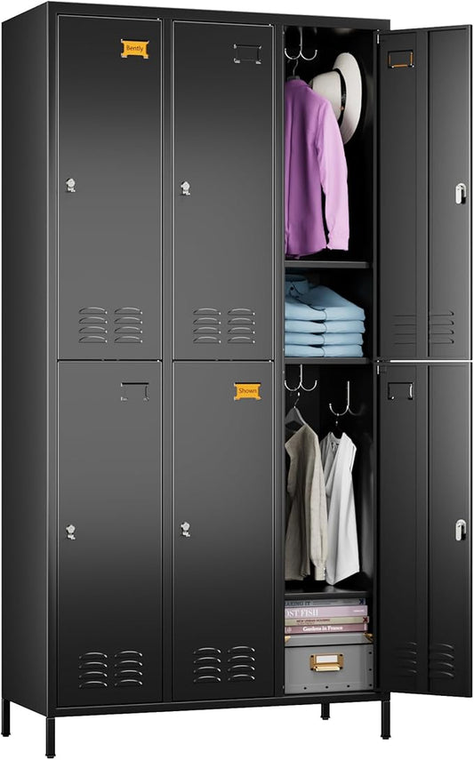 6 Doors Metal Locker for Employees with 18 Hooks and Business Card Holder,Metal Locker with Ventilation Holes for School Garage Office Gym Home,Assembly Required,Black-DeskLoop Office