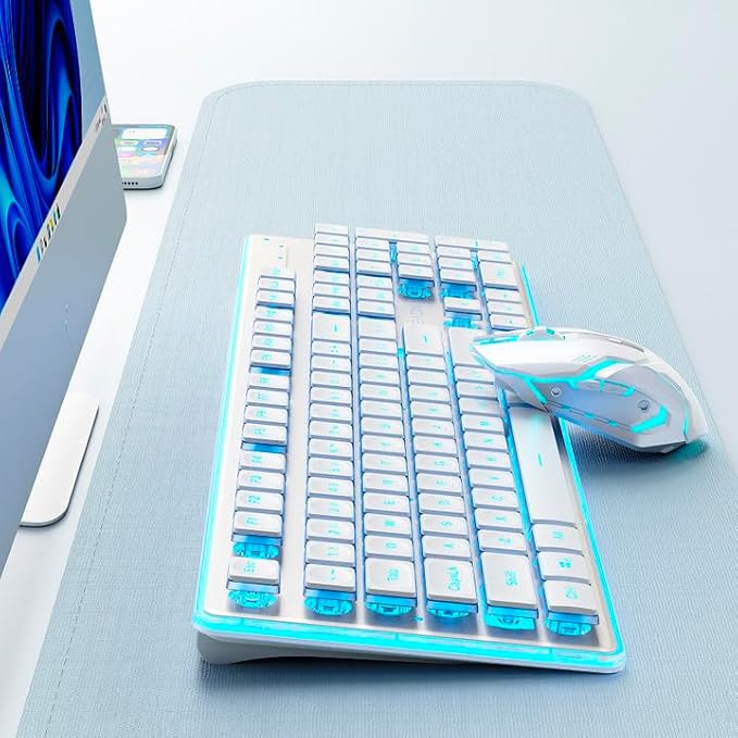 EWEADN V3 Wireless Keyboard and Mouse with Blue Backlit, Metal Panel, Bluetooth/2.4G Rechargeable Computer Keyboard and Mouse Combo Silent Lighted Full Size Cute Keyboards-White-DeskLoop Office