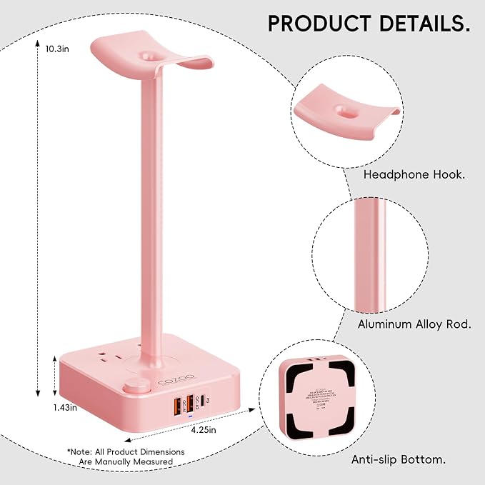 Pink Headphone Stand with USB Charger, Gaming Headset Holder with 3 USB Ports & - Image 9