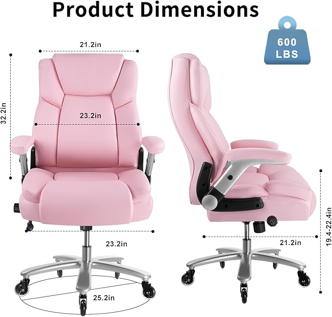 Big and Tall Office Chair 600lbs, Heavy Duty Executive Office Chair for Heavy People, Pink High Back Office Leather Ergonomic Chair with Adjustable Armrests and Lumbar Support for Computer Desk Chair-DeskLoop Office