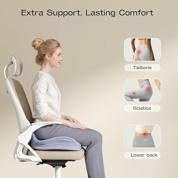 Seat Cushions for Office Chairs - Patented Extra Large Seat Cushion 21.2" W x 16.5" L - Memory Foam Seat Cushion for Tailbone Pain Relief, Sitting Pressure Relief (Light Grey)-DeskLoop Office