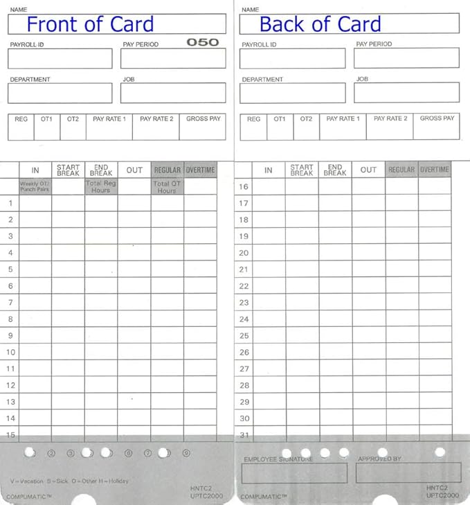 100 Time Cards for uPunch HN2000, HN2500, HN4000, HN4500 AutoAlign Calculating Time Clock and More HNTC2 UPTC2000 COMPUMATIC Compatible-DeskLoop Office