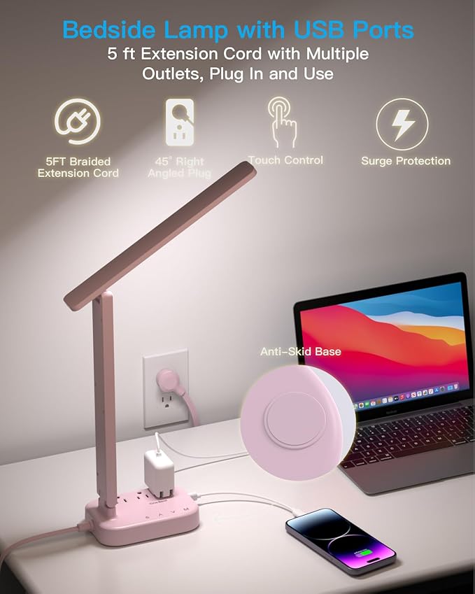 Dorm Room Essentials for Girls, Pink Power Strip with LED Desk Lamp, 3 Outlets 4 USB Ports, 4 Modes 5 Level Touch Lamp Small Desk Lamp for Home Office Bedroom Study Reading Light, 5ft Extension Cord-DeskLoop Office
