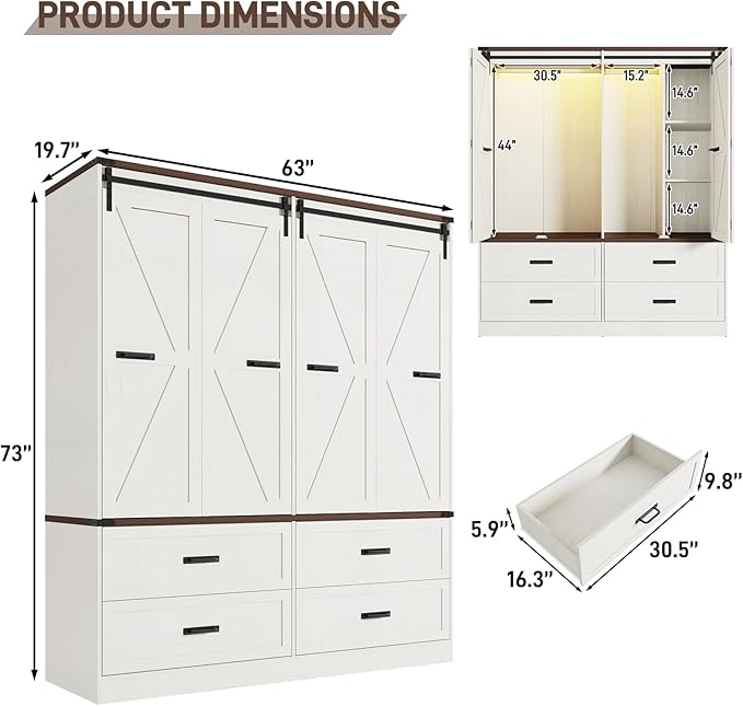 Farmhouse 4 Doors Armoire Wardrobe Closet w/Folding Sliding Barn Door and Lights, LED Armoire Closet w/Drawers for Bedroom, Freestanding Wooden Wardrobe Storage Closets w/Hanging Rod,Antique White-DeskLoop Office