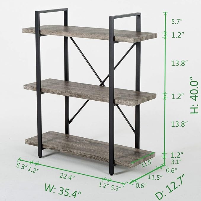 HSH 3-Shelf Bookcase, Rustic Gray 3 Tier Bookshelf, Vintage Industrial Wooden and Metal Display and Storage Bookshelves Tower for Home Office Livingroom Bedroom Light Grey Oak-DeskLoop Office