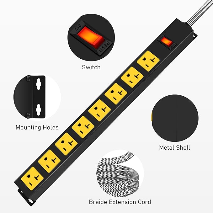 20Amp Power Strip Surge Protector, Long Metal 8-Outlets with Heavy Duty 20 amp 6Ft 12 Gauge Extension Cord for Garage Workshop & Industrial Use, 1200J-DeskLoop Office