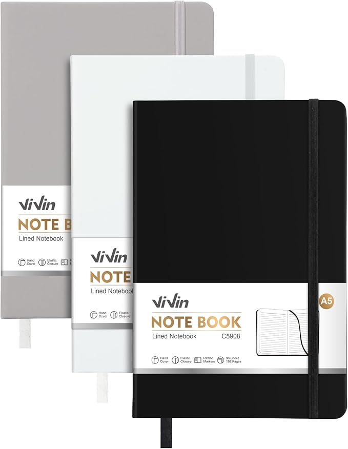 ViVin Lined Journal Notebooks, 3 Pack, 192 Pages, Medium 5.5 x 8.3 inch by ViVin
