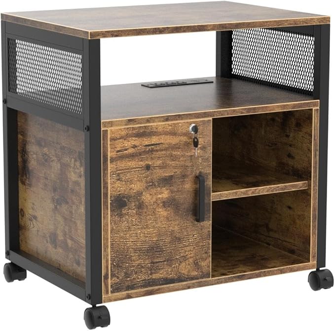 Unikito Lateral File Cabinet, Locking Office Filing Cabinets with Socket and USB Charging Port, Modern Rolling Printer Stand with Storage for A4, Letter Size and File Folders, Rustic Brown-DeskLoop Office