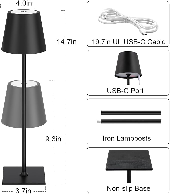 Kakanuo Cordless Rechargeable Table Lamp Black 5000mAh Battery Operated Lamps - Image 6