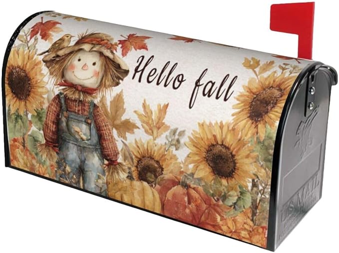 Autumn Sunflowers Scarecrow Welcome Magnetic Mailbox Cover, Fall Mailbox Wrap - Image 2