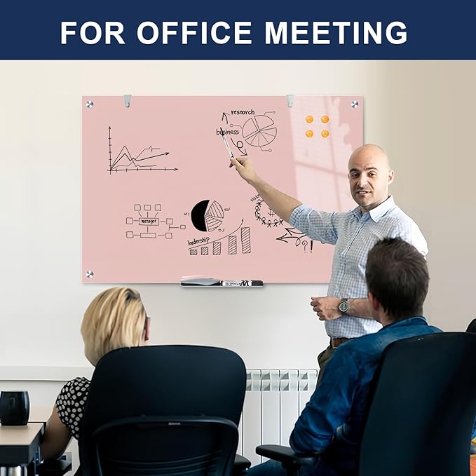 TSJ OFFICE Glass Dry-Erase Board - 36 x 24 Inches Wall Mounted Magnetic Whiteboard, Large Frameless Glass White Board for Office, Home & School, Pink-DeskLoop Office