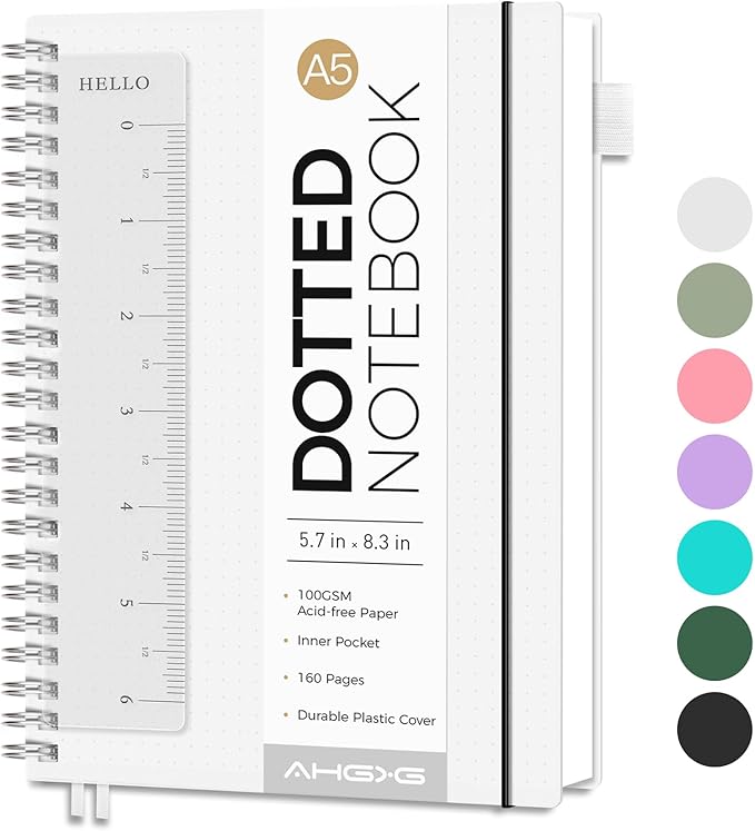 AHGXG Bullet Dotted Journal - Dot Grid Spiral Notebook A5, 160 Pages, 100 GSM Thick Paper, Waterproof Plastic Cover Journals for Bullet Journaling, Sketching, 5.7" x 8.3", Transparent-DeskLoop Office