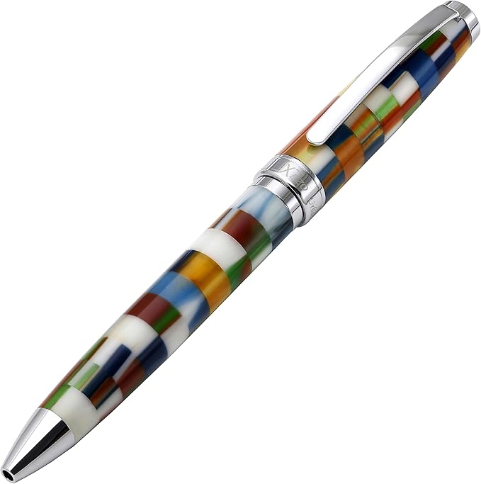 Xezo Urbanite II Twist Action Ballpoint Pen, Medium Point. Jazzy Multicolor Checkered Acrylic on Brass. Chrome Plated. Handcrafted, Limited Edition, Serialized-DeskLoop Office