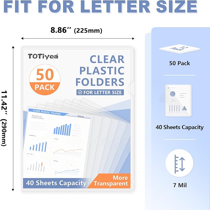 TOTiyea Clear Document Folders 50 Pack, 7 Mil Thick Plastic, Letter Size | - Image 2