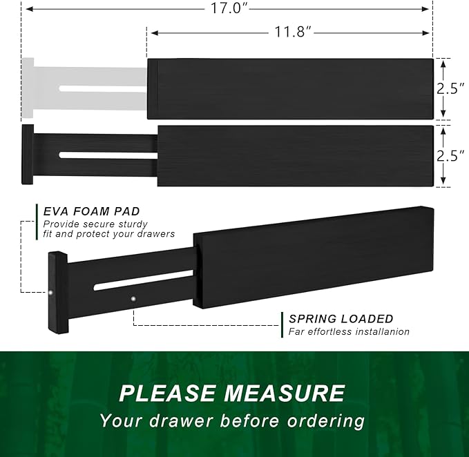 FJO 4 Pack Adjustable Bamboo Drawer Dividers - 11.8" - 17" Expandable Drawer Separators for Kitchen, Utensils, Clothes, Bedroom, Dresser, Bathroom (Black)-DeskLoop Office