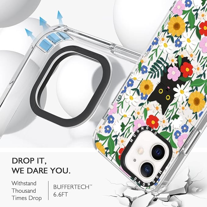 MOSNOVO Case for iPhone 12 & iPhone 12 Pro, [Buffertech 6.6ft Military-Grade Drop Protection] [Anti Peel Off Tech] Clear TPU Bumper Phone Case Cover Design - Black Cat in Garden-DeskLoop Office