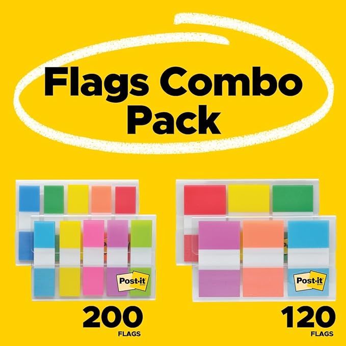 Post-it Flags Combo Pack, 4 On-The-Go Dispensers/Pack, 120 .94 in Wide and 200 .47 in Wide Flags, Assorted Colors (683-XL1)-DeskLoop Office