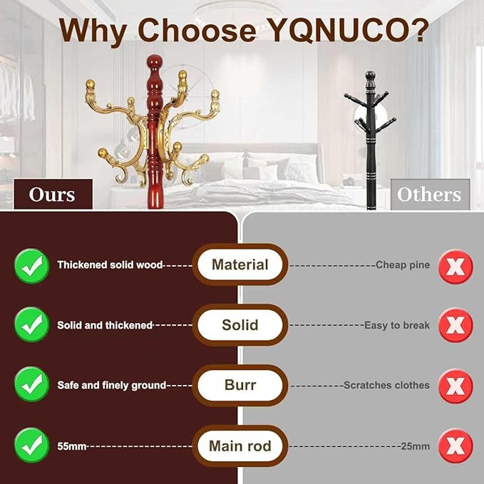 Solid Wood Coat Rack – 73" Freestanding Coat Racks Stand with 14 Hooks & Stable Base, Adjustable Height Modern Wooden Hall Tree for Entryway, Bedroom, Office, Home (Begonia Round)-DeskLoop Office