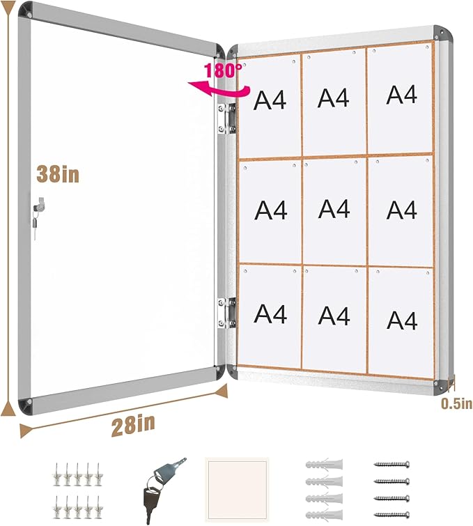 38"x28" Enclosed Bulletin Board, Lockable Weather-Resistant Aluminum Cork Noticeboard for School & Office, Silver Frame w/Cork-DeskLoop Office