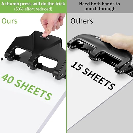 AFMAT 3 Hole Punch Heavy Duty, 40-Sheet Three Hole Punch, 50% Reduced Effort - Image 3