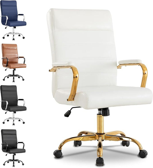 Office Desk Chair,Modern Leather Conference Room Chairs,High Back Home ofiice Chair,Adjustable Height Swivel Executive Computer Chair with Padded Seat and Armrest (White with Gold Frame)-DeskLoop Office