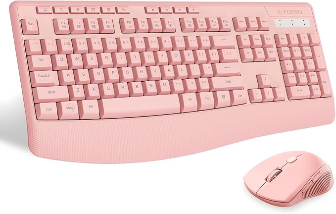 Wireless Keyboard and Mouse Combo, E-YOOSO 2.4GHz Full Sized Ergonomic Wireless Keyboard with Wrist Rest, 3 DPI Adjustable and 6 Buttons Cordless USB Mouse for Computer, Laptop, PC, Windows (Pink)-DeskLoop Office