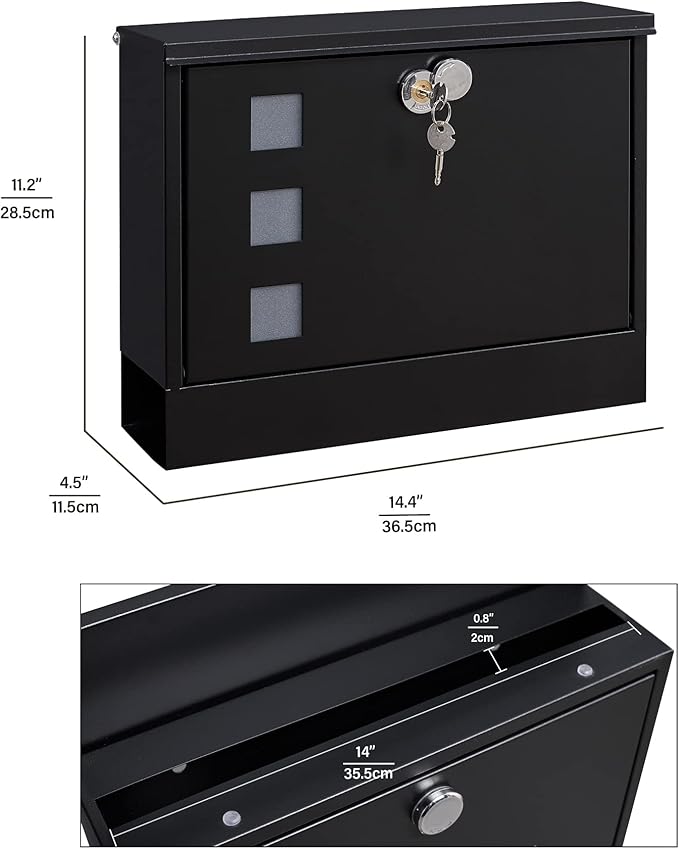 LAND·VOI Locking Mailbox Wall Mounted, Metal Postbox with Three Sets of Mail Box Number Stickers, 4 Keys, 14.4" x 4.5" x 11.2", Large Capacity, Black, AMB11B-DeskLoop Office