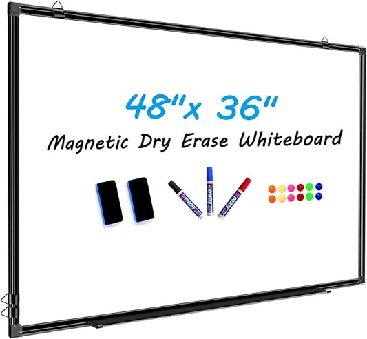 H-Qprobd 48"x36" Magnetic White Board Dry Erase Wall Mount Whiteboard - Office Home Classrooms White Board Hanging Writing Board with Black Aluminum Frame-DeskLoop Office