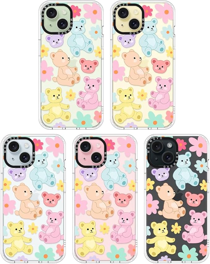 MOSNOVO Case for iPhone 15, [Buffertech 6.6ft Military-Grade Drop Protection] [Anti Peel Off Tech] Clear TPU Bumper Phone Case Cover Design - Cute Teddy Bear-DeskLoop Office