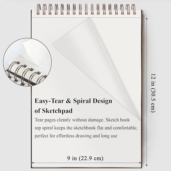 9"X12" Sketch Book Bulk, Top Spiral Bound Sketch Pad, 3 Pack 100 Sheets Each - Image 4