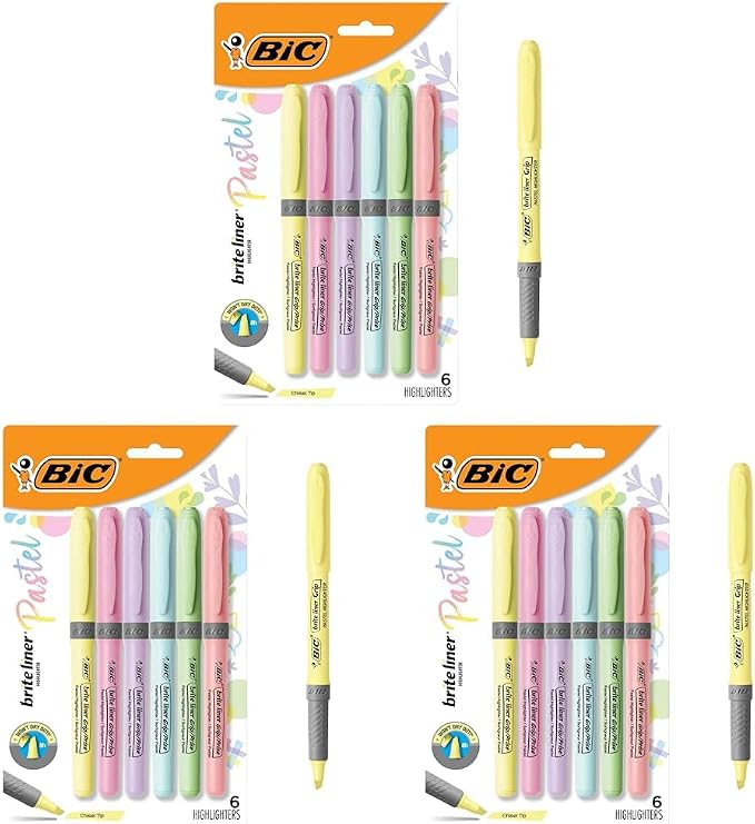 BIC Brite Liner Grip Pastel Highlighter Set, Chisel Tip, 6-Count Pack of Pastel by BIC