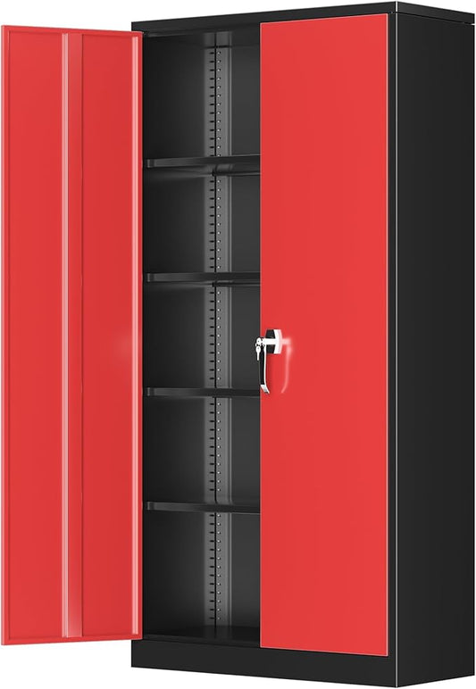 Greenvelly Metal Garage Storage Cabinet with Lock, 72" Metal Storage Cabinet with 2Doors and 4Adjustable Shelves, for Home Office, School,Gym (Black&Red)-DeskLoop Office