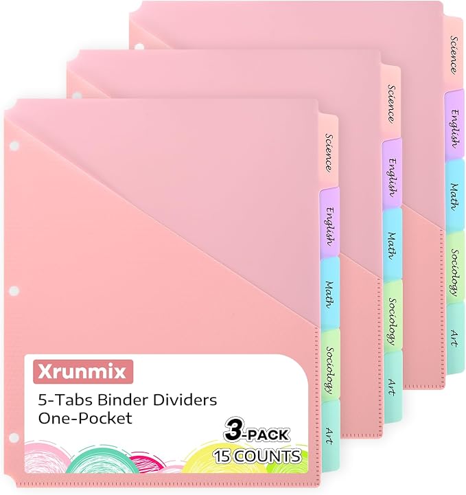 5 Tabs Dividers with Pockets for 3 Ring Binder, Binder Dividers with Tabs for by XrunmixOffice