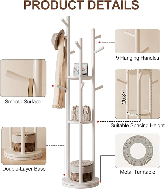 Solid Wood Rotary Coat Rack, Freestanding Coat Rack with 3 Shelves and 9 Hooks, Coat tree for Bedroom, Entryway, Livingroom, Coat Hanger Stand for Coats, Scarves, Handbags (White)-DeskLoop Office