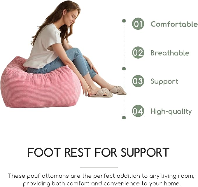 HIGOGOGO Square Stuffed Pouf Ottoman, Corduroy Poufs with Foam Chunk Filling, Furry and Fluffy Pouf Foot Stool Storage Ottoman, 21 X 21 Floor Poufs Foot Rest for Living Room, Pink-DeskLoop Office