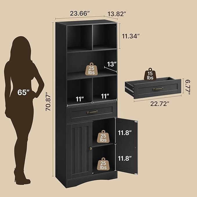Gizoon 71'' Tall Storage Cabinet, Kitchen Pantry Cabinet with Doors & Drawers, Wooden Storage Organizer for Living Room, Office, Kitchen, with Adjustable Shelves, Anti-tip, Metal Handle, Black-DeskLoop Office