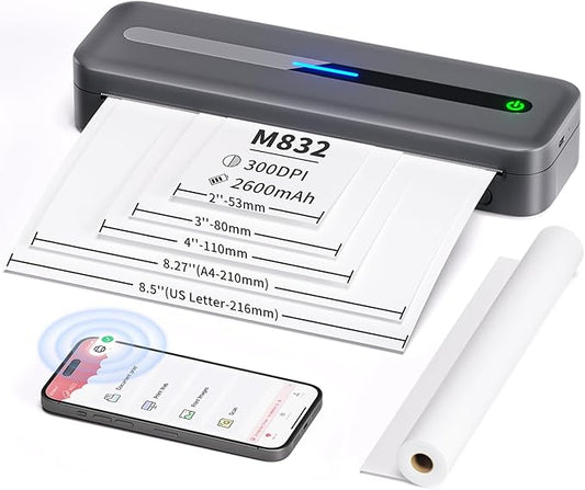 COLORWING Portable Printers Wireless for Travel, 300DPI Mini Compact Inkless Printer, Thermal Bluetooth Printer Compatible with Android and iOS Smartphone & Tablet & Laptop - Gray-DeskLoop Office