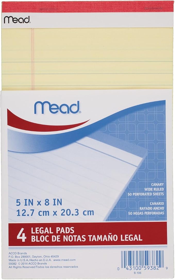 Mead Canary Junior Legal Pads, 5 x 8 Inch, 4 Pack 50 Sheets by Mead