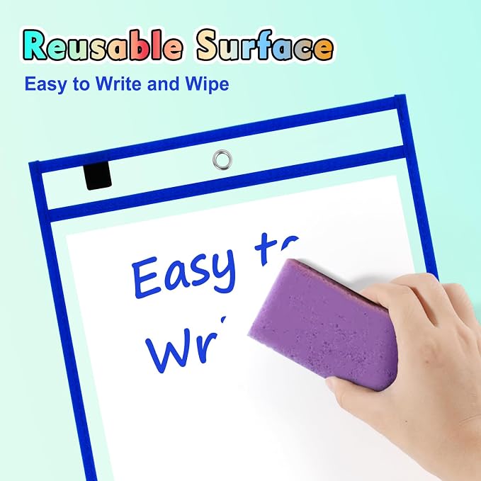 50 Packs Dry Erase Pocket Sleeves, Reusable Clear Plastic Classroom Sleeves - Image 3