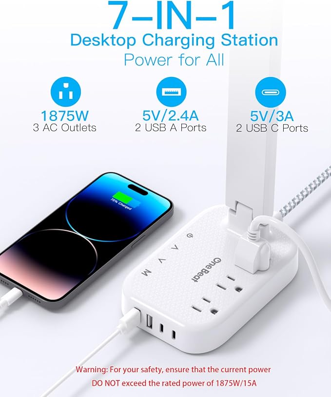 One Beat Small LED Desk Lamp Power Strip 5ft Extension Cord - Image 2
