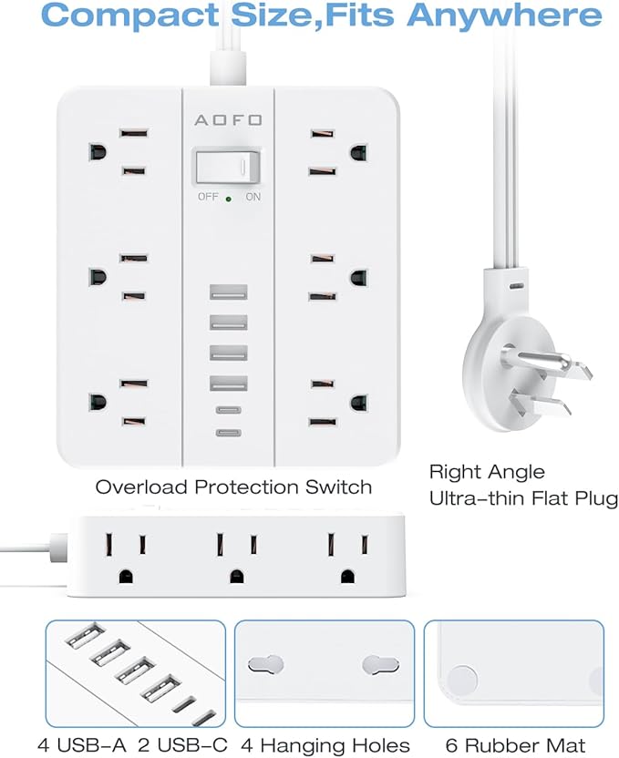 Flat Plug Power Strip, AOFO Surge Protector Flat Extension Cord with 12 AC Outlets and 6 USB(2 USB-C) Ports,Multiple Outlet Wall Plug 5FT Extension Cord for Home Office, Dorm Room Essentials-DeskLoop Office