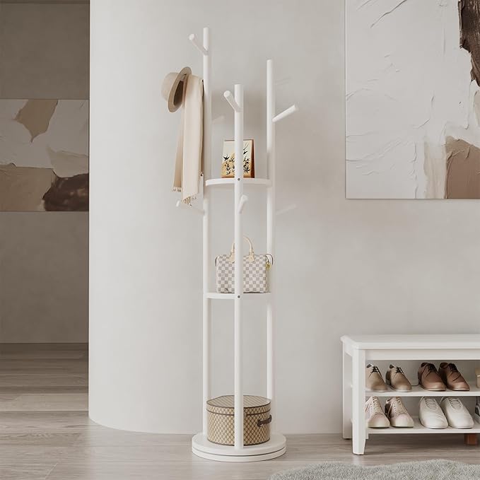 Solid Wood Rotary Coat Rack, Freestanding Coat Rack with 3 Shelves and 9 Hooks, Coat tree for Bedroom, Entryway, Livingroom, Coat Hanger Stand for Coats, Scarves, Handbags (White)-DeskLoop Office