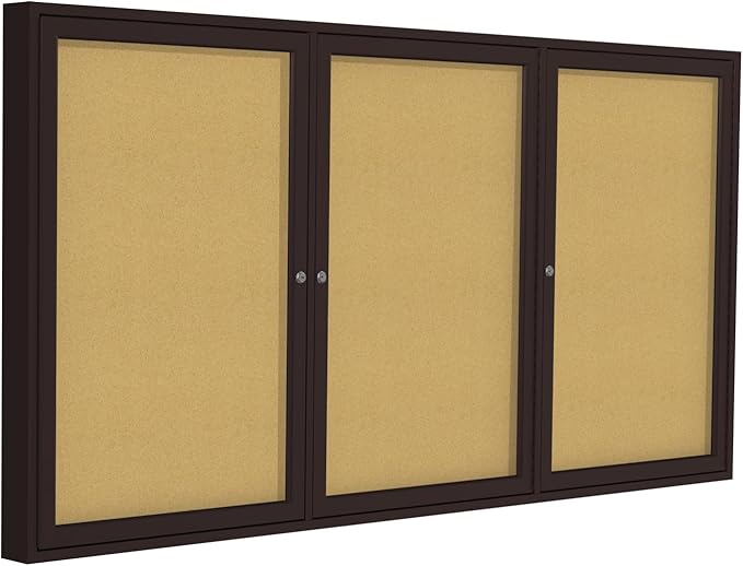 Ghent 48" x 96" 3-Door Indoor Enclosed Bulletin Board, Shatter Resistant, with Lock, Bronze Aluminum Frame - Natural Cork (PB34896K) Malde in The USA-DeskLoop Office
