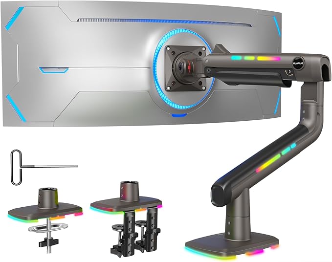 HUANUO RGB Monitor Arm for Ultrawide Screens up to 57″, Heavy-Duty Single Mount Holds 44 lbs, Fully Adjustable Gaming Monitor Arm with C-Clamp & Grommet Base, Max VESA 100 x 100mm-DeskLoop Office