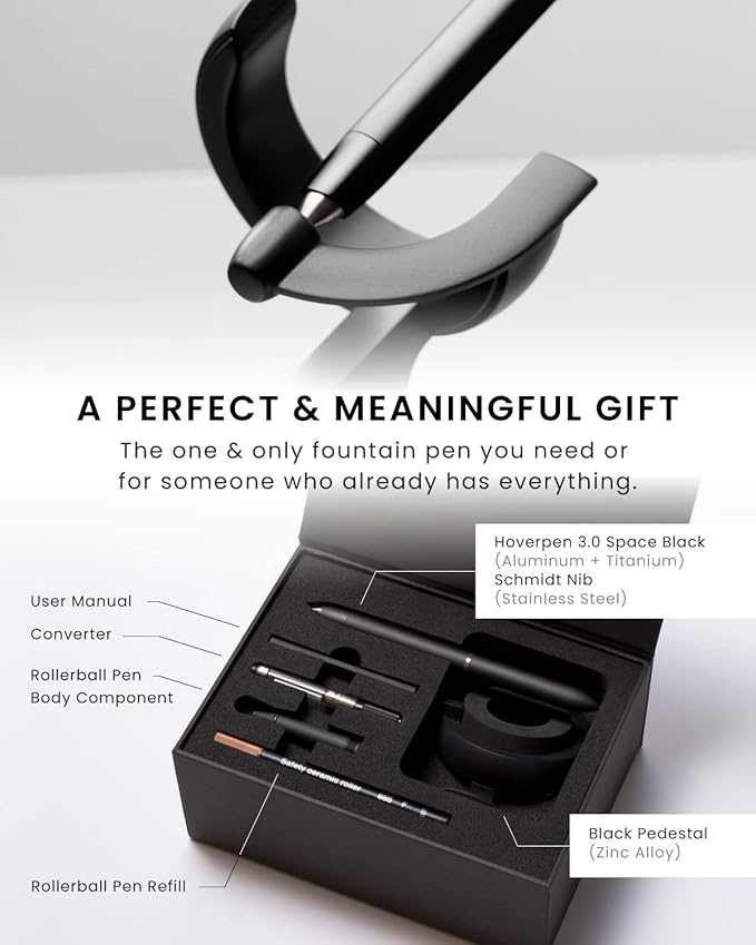 novium Hoverpen Future Edition - Luxury Fountain Pen & Rollerball Pen All-In Gift Box, Fine Nib, Futuristic Aesthetic, Aerospace Metal Made, Free Spinning Executive Pen, Gifts for Boss (Deep Black)-DeskLoop Office